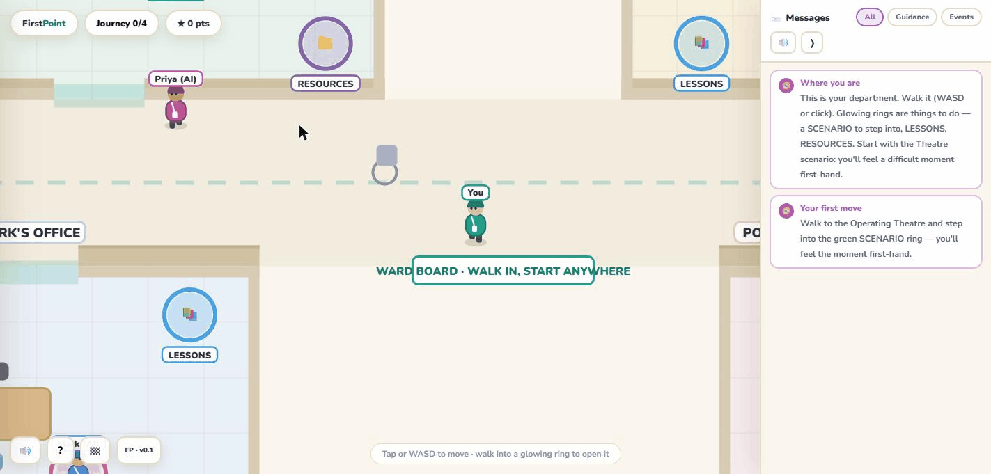Live gameplay: walking the FirstPoint ward and stepping into a scenario, with a side panel decoding what's happening.