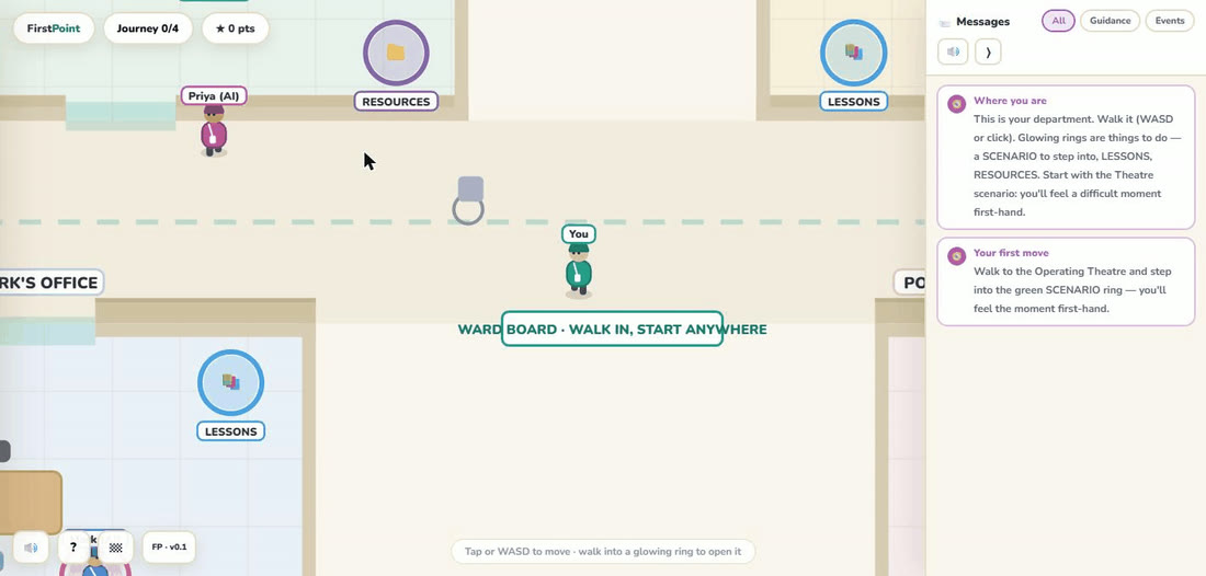 The ward map: your department with glowing rings and a colleague.