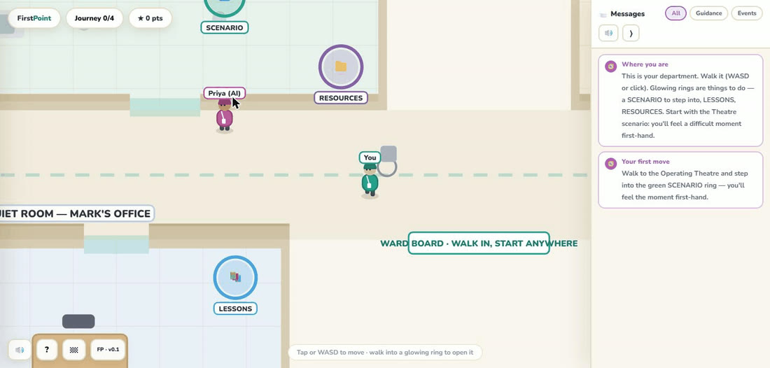 Moving the character around the ward; a side panel decodes the moment.