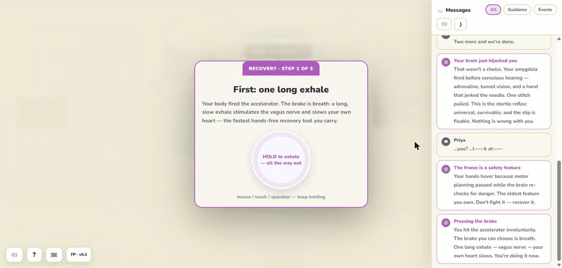 Recovery step one: a hold-to-exhale breathing prompt.